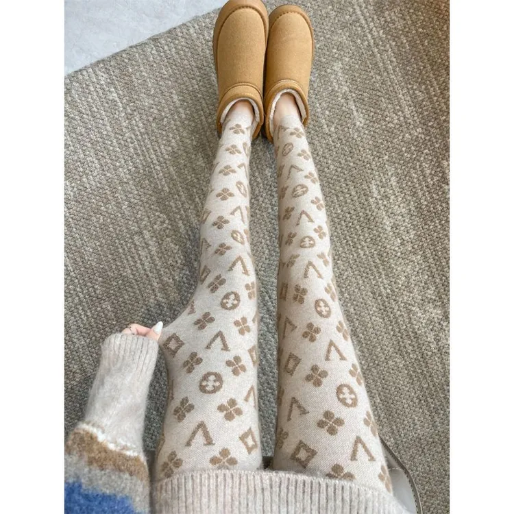 水貂绒提花打底裤女秋冬加绒裤外穿保暖秋裤高腰紧身弹力小脚棉裤