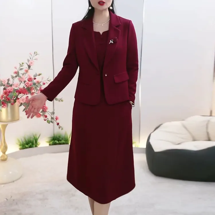 长袖小西服两件套连衣裙女2025年春秋新款喜婆婆妈妈婚宴礼服套装