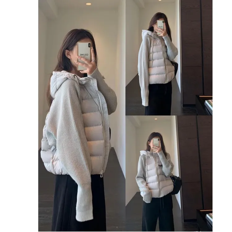 元族轻薄针织拼接棉服女短款2025冬季新款假两件棉衣韩版宽松冬装