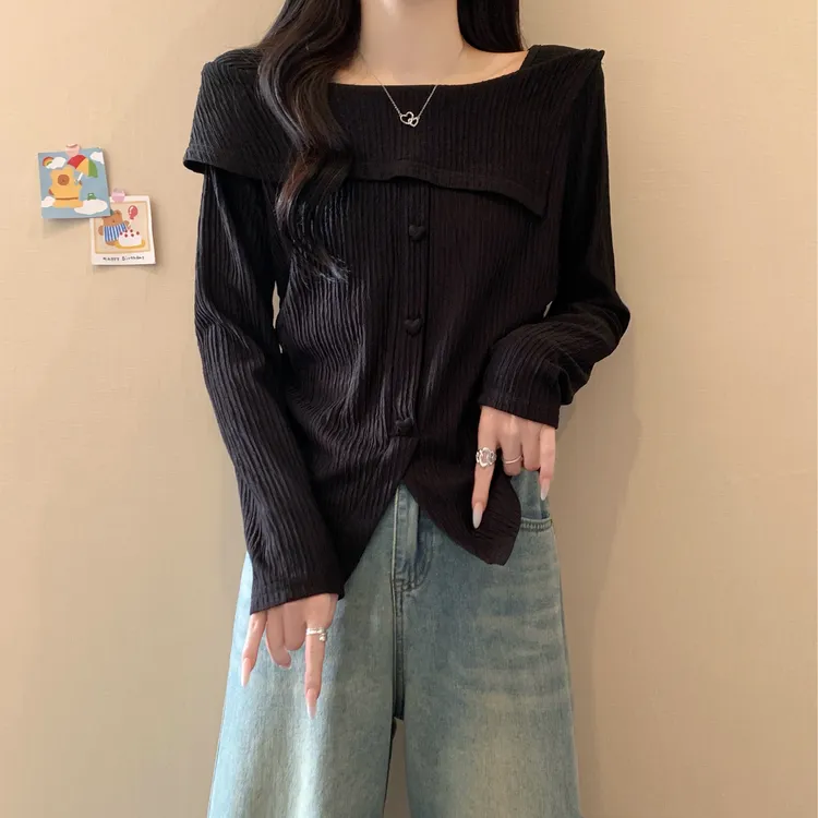 微胖妹妹大码女装2025春季新款一字肩不规则设计感辣妹爱心扣上衣