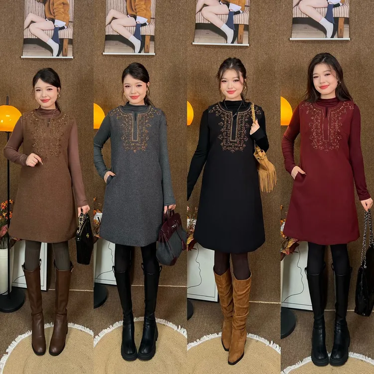 Gz新款两件套连衣裙长袖针织显瘦时尚气质百搭法式复古中长裙