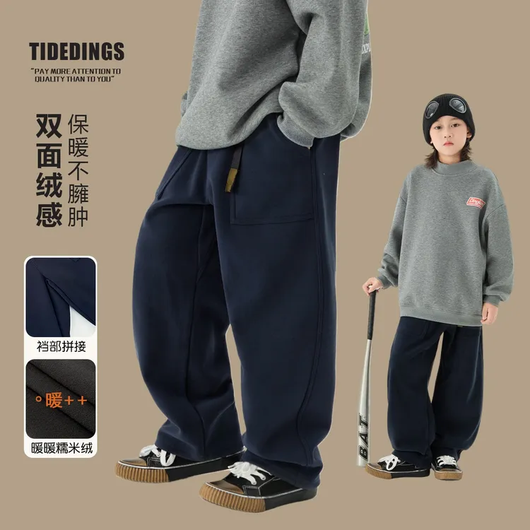 【防风双面绒】叮叮家童装冬款男童加绒直筒裤中大童保暖长裤25419