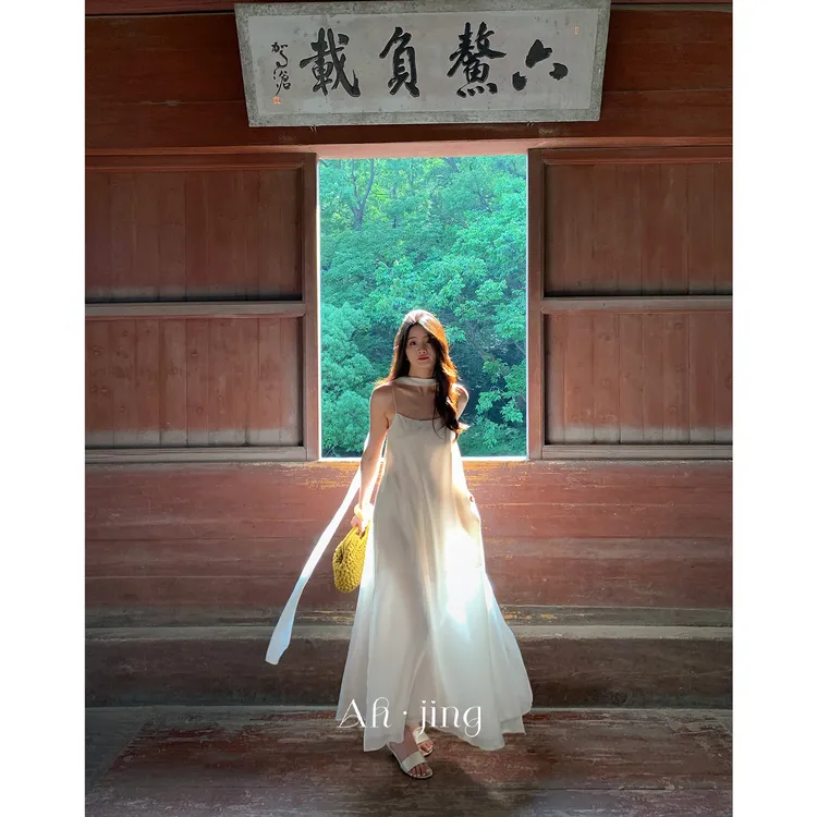Ah·Jing 梓静【朝露浣纱】时尚简约吊带裙仙女风白色仙感连衣裙0584