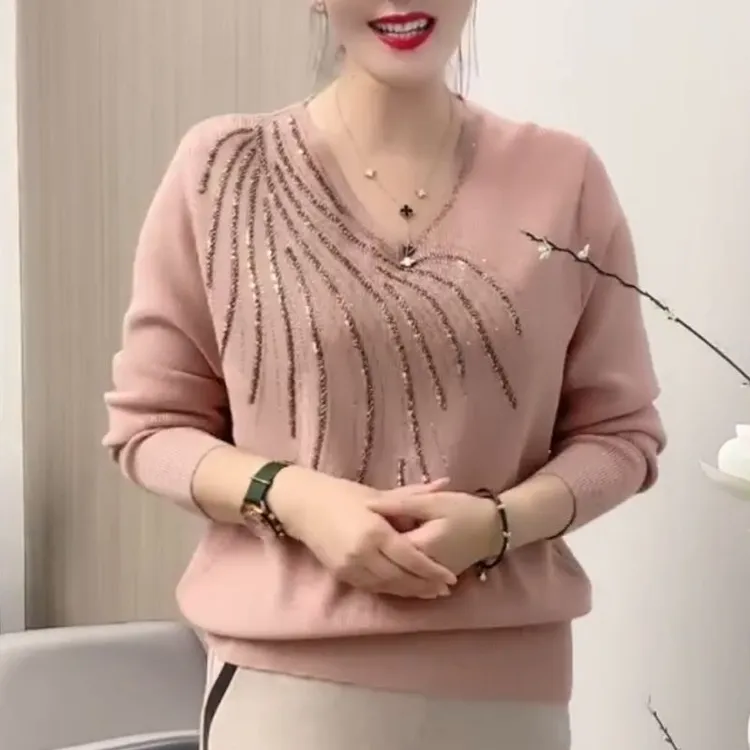 春秋女士高档打底衫2025年新款V领重工镶钻时尚百搭显瘦休闲小衫