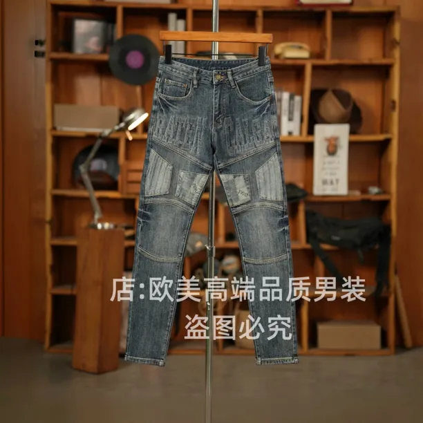 原创高端美式复古拼接个性高街男士牛仔裤修身小直筒弹力休闲潮牌