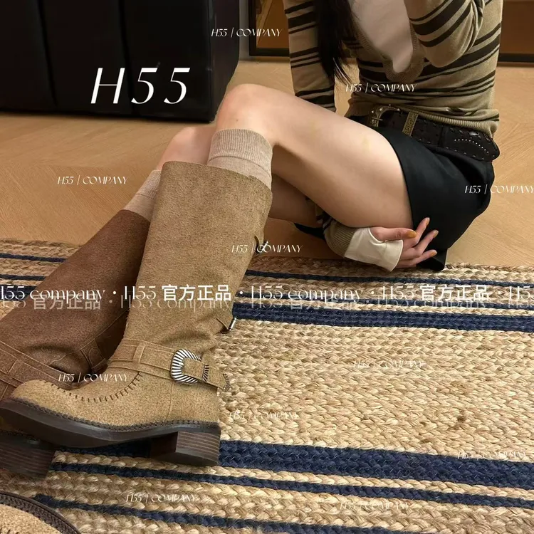 H55-泰晤士-秋季新款烘焙色系手作直筒靴4cm03-2746【RD】
