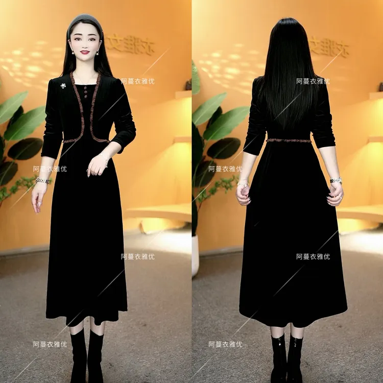 【衣雅严选】8105-1380#新款气质显瘦高定重磅植绒假两件连衣裙