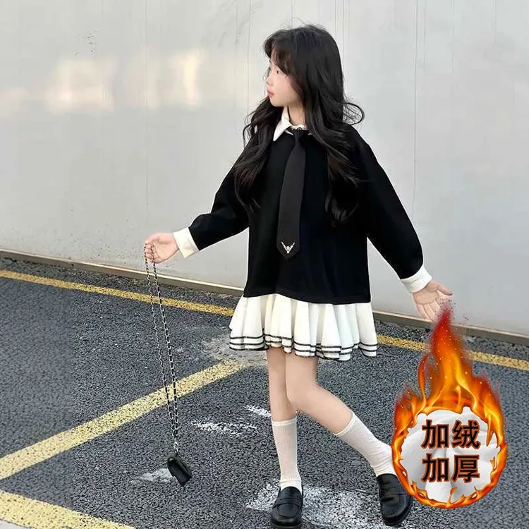 女童拼接连衣裙2025秋冬新款韩版女孩洋气小香风polo领公主裙潮裙