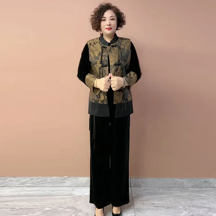 2025春装中年妈妈国风流苏提花马夹短款时尚宽松洋气大码马甲套装