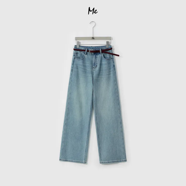 ME【全勤王弹力加绒直筒裤（含腰带））】高弹高腰显瘦牛仔裤MESA5053