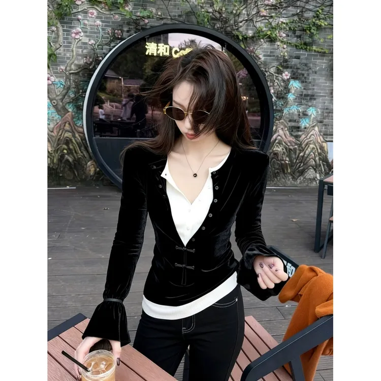 黑白拼接丝绒上衣女冬季内搭轻奢高端独特漂亮假两件法式小资衬衫