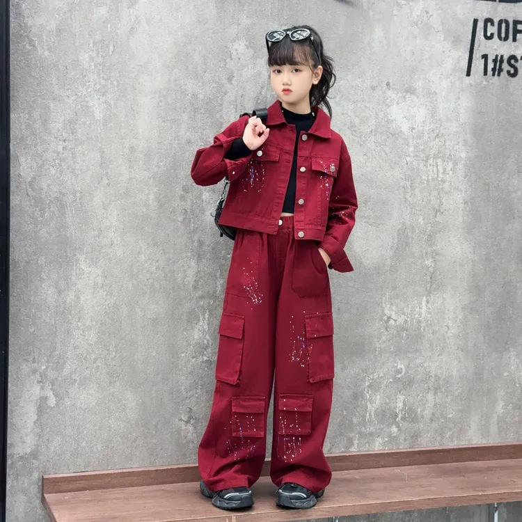 女童秋季新款时尚潮酷定制渲染安哥拉红喷绘牛仔套装女孩洋气牛仔