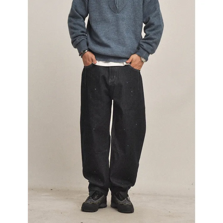 好货直接冲！13OZ重工水洗！深蓝色复古漆点泼墨宽松弯刀牛仔裤潮