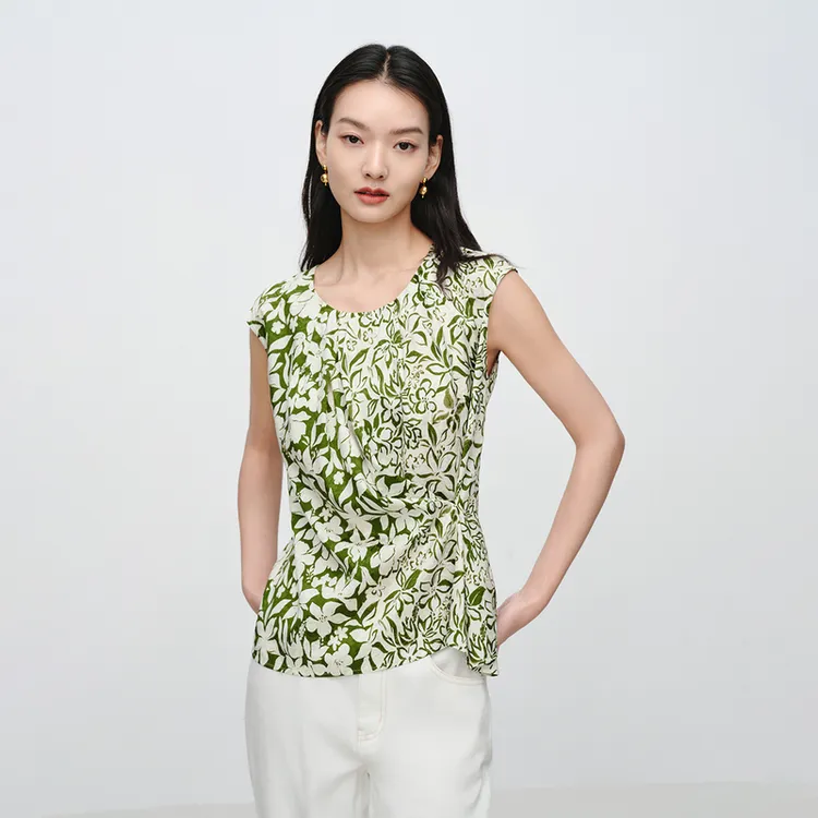 EP雅莹2025春装新款女装 桑蚕丝印花褶皱圆领无袖收腰衬衫2333A