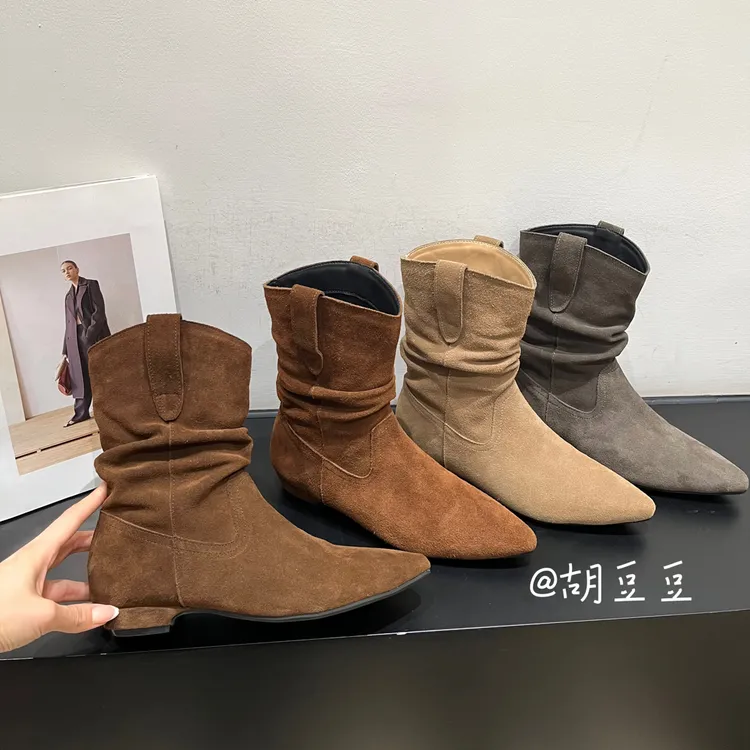 胡豆豆｜真皮牛皮百搭极简堆堆靴韩版气质尖头短靴磨砂女靴H708-1