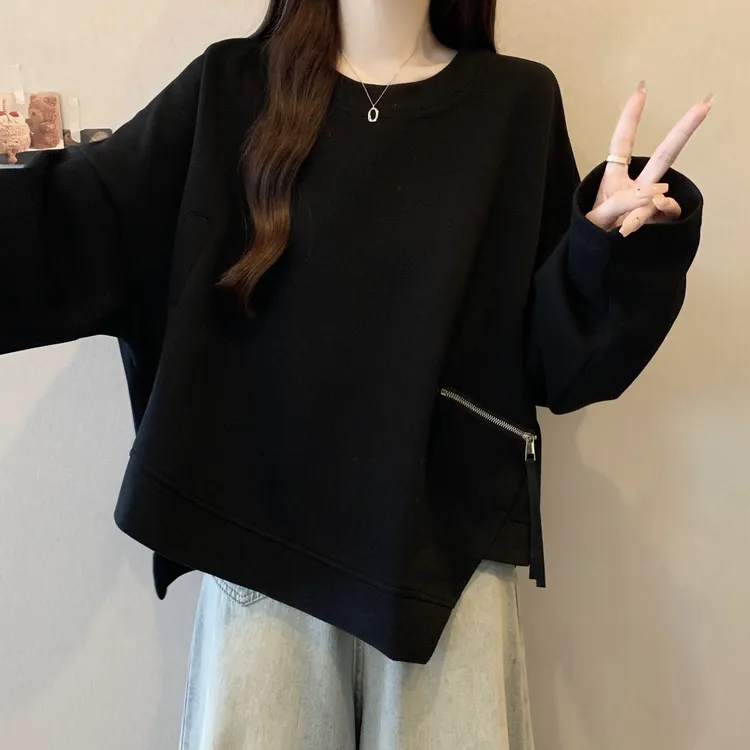 大码女装遮肚子设计感拉链长袖卫衣女春秋胖妹妹宽松显瘦圆领上衣