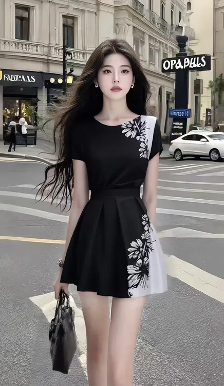 温婉轻熟风黑色圆领短袖收腰印花设计连衣裙女时尚气质小众氛围感