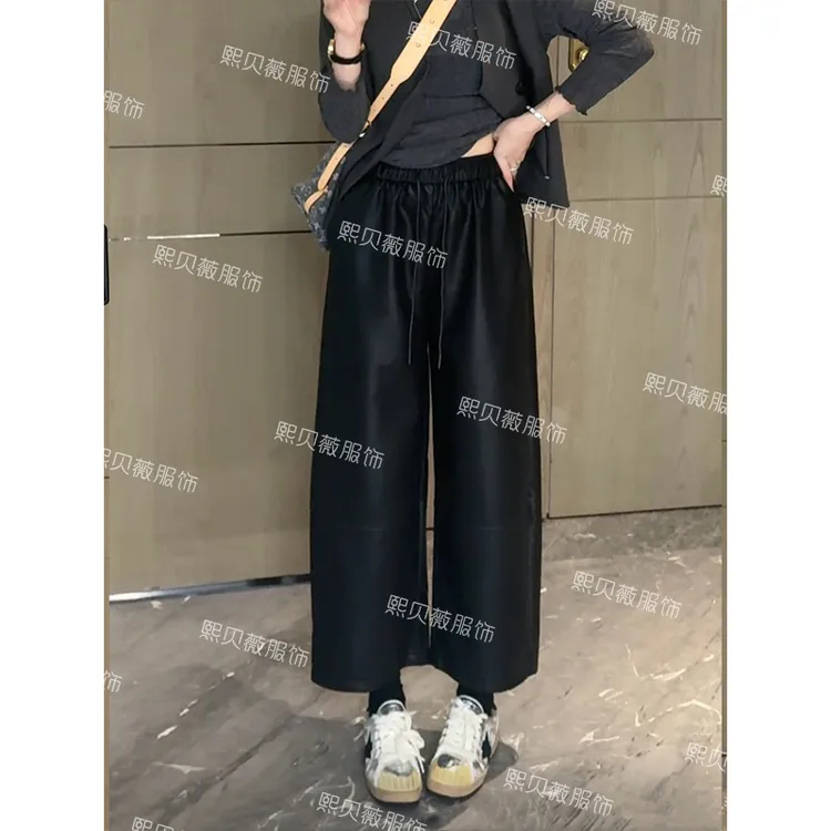 熙贝薇5 秋季新款韩版慵懒风抽绳松紧腰宽松百搭pu皮裤 G5228