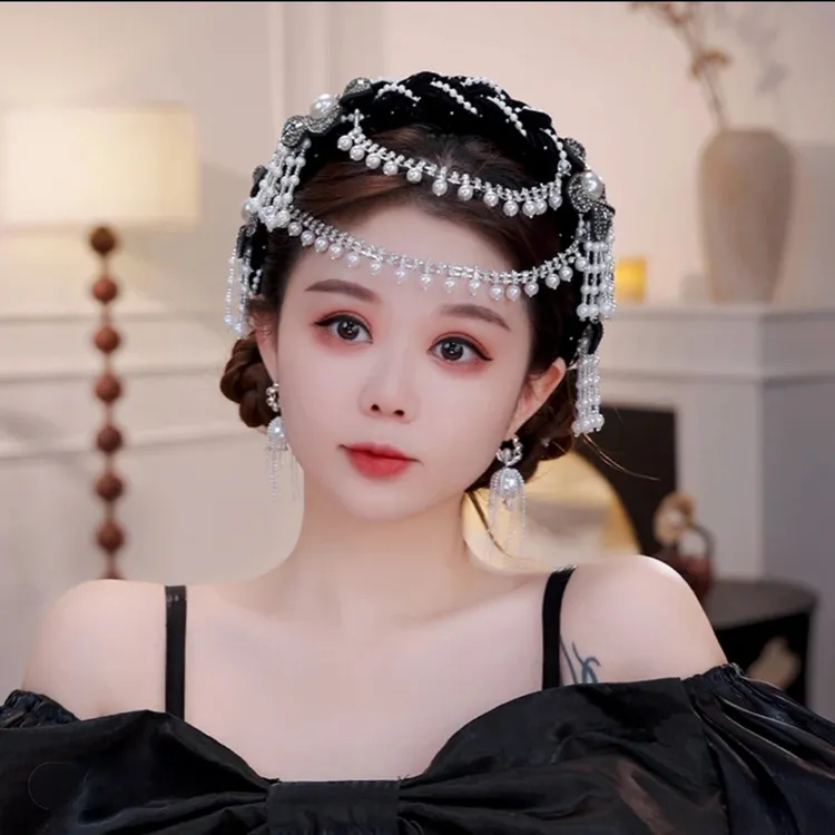 一帘幽梦宽边发箍手工编织民族风发饰花朵可拆卸流苏珠珠法式头饰