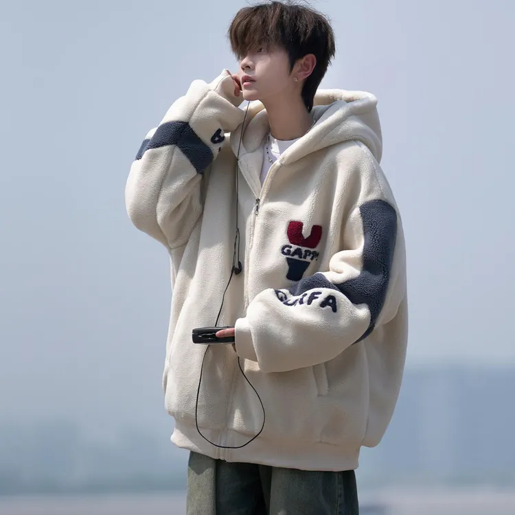 羊羔绒外套男秋冬季加绒加厚宽松连帽棉衣夹克青少年冬装防寒棉服