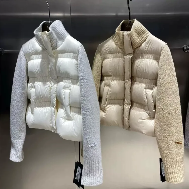 十三行立领拼接针织羽绒服女2025冬季新款宽松显瘦保暖短外套