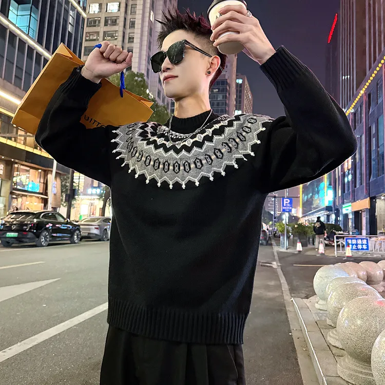 民族风毛衣男款秋冬季2025新款高级感潮牌痞帅加厚保暖针织打底衫