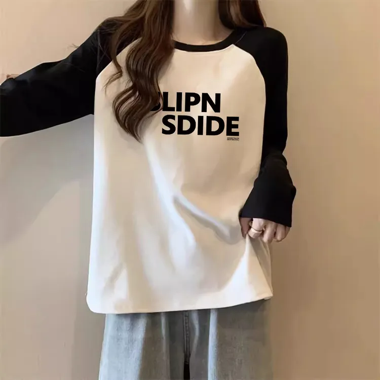 早秋撞色插肩袖长袖t恤女新款2025韩系宽松打底衫巨好看别致上衣