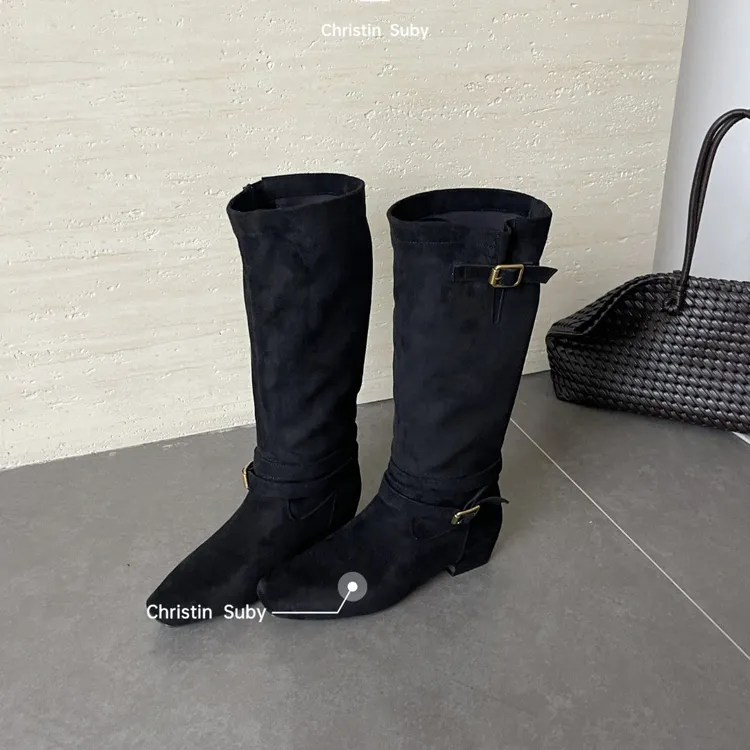 实体店品牌时装靴褶皱靴平底时装粗跟长筒骑士百搭黑色过膝靴