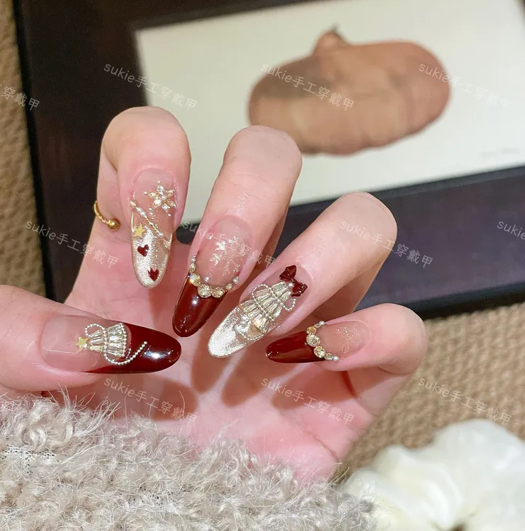 【圣诞派对】秋冬红色法式爆款神秘高级感水光猫眼美甲纯手工穿戴甲