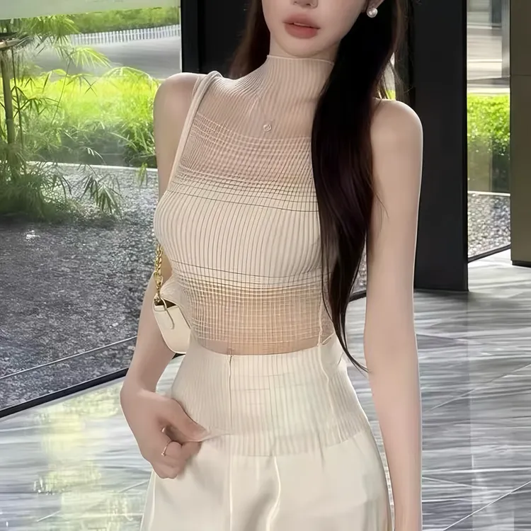 【白璃】ins风隐适美透视网纱高弹力撞色针织包肩袖夏季针织上衣