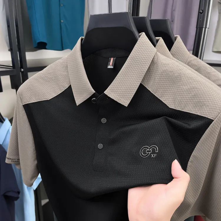 VIATEMSIARY时尚高端男士翻领POLO衫商务休闲拼接设计透气短袖t恤