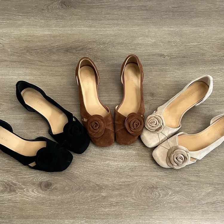 Dannyfrey法式优雅气质复古风方头山茶花仙女风镂空浅口单鞋3.5CM