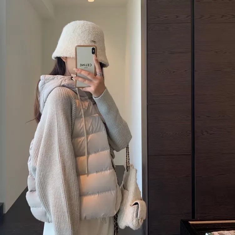 爆款拼接棉服百搭韩版长袖连帽针织毛线袖宽松显瘦短款棉服小棉袄