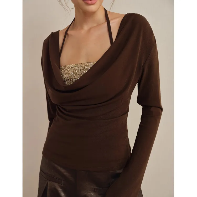 J TheChosen“霓幻”两件套针织亮片挂脖背心荡领长袖打底衫上衣