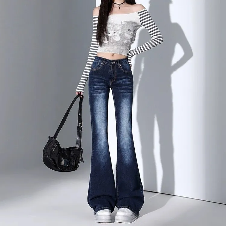 美式复古蓝低腰微喇牛仔裤女秋季新款辣妹百搭修身显瘦弹力喇叭裤