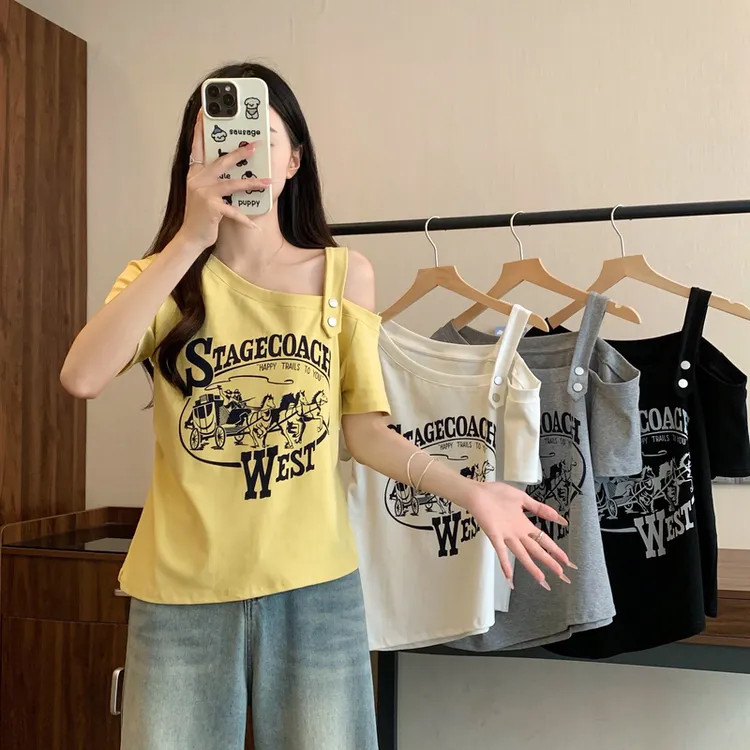 2025年大码女装夏季新款设计感小众露肩印花纯欲风短袖T恤上衣潮