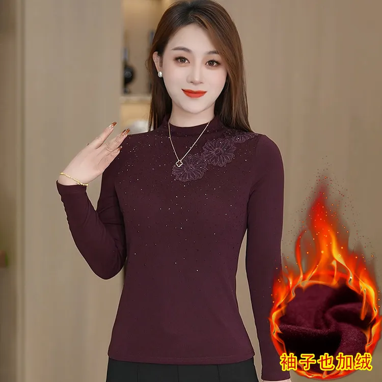 秋冬加绒加厚半高领网纱烫钻绣花长袖亲肤打底衫女显瘦洋气小衫潮