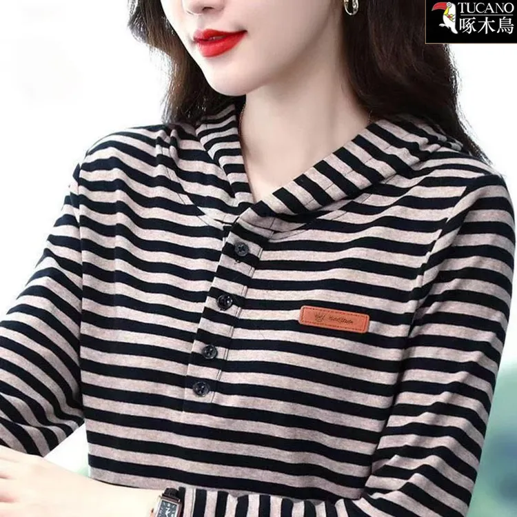 啄木鸟春秋长袖条纹拼色T恤2025新款大码显瘦连帽上衣女时尚穿搭