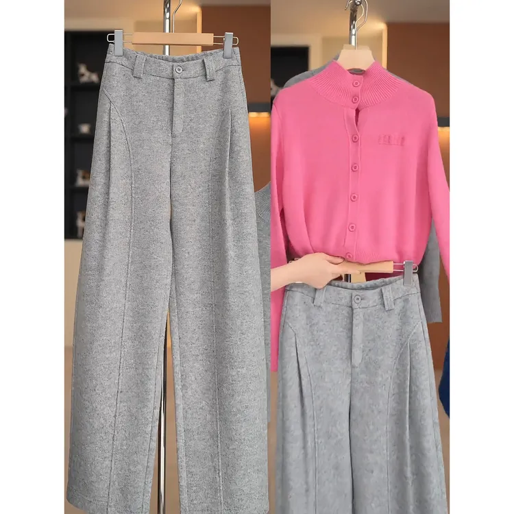 雪花灰色羊毛呢阔腿弯刀裤女2025秋冬季新款高腰加厚休闲香蕉裤子