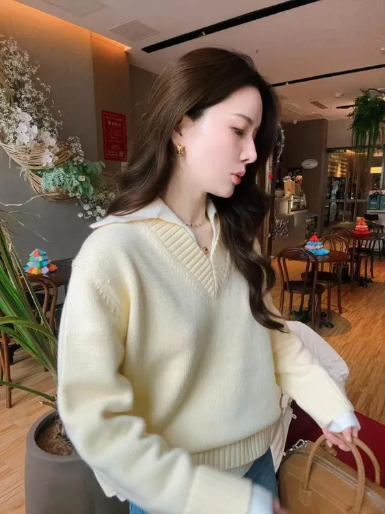 韩系假两件v领毛衣翻领老钱风针织衫毛衣慵懒风时尚百搭减龄