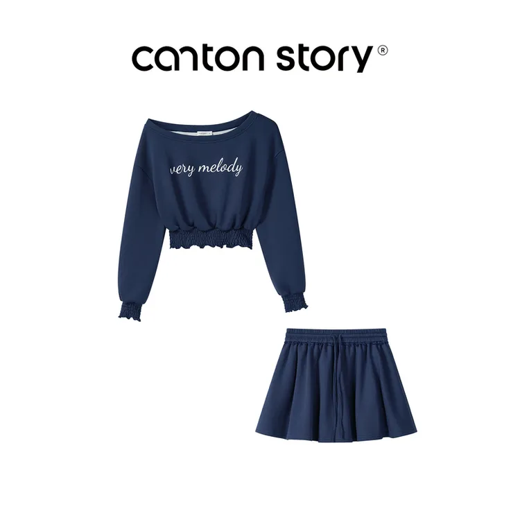 羊城故事字母印花斜肩卫衣半身裙套装女学院风两件套 Y50852741