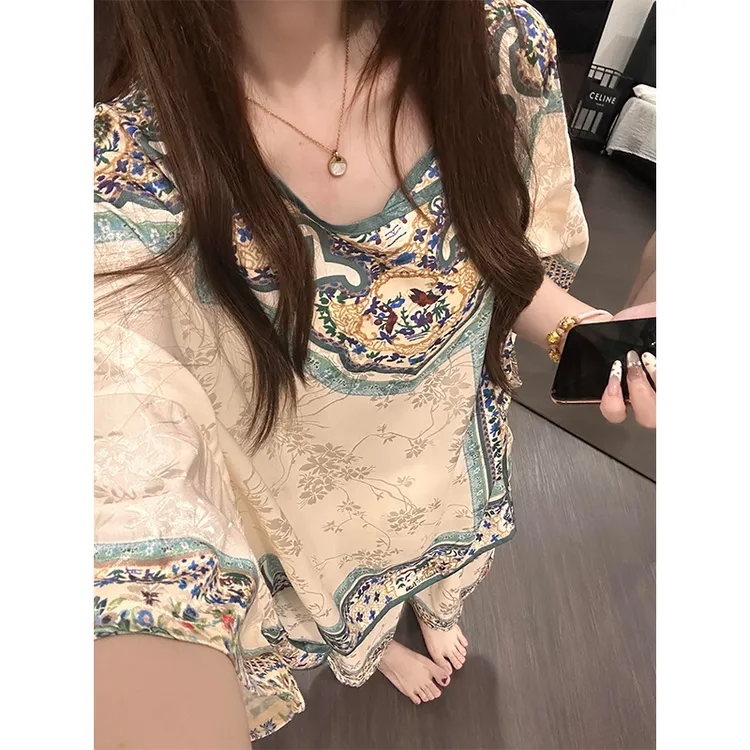 国风高级感复古提花冰丝睡衣女款夏季大码短袖短裤家居服套装ins