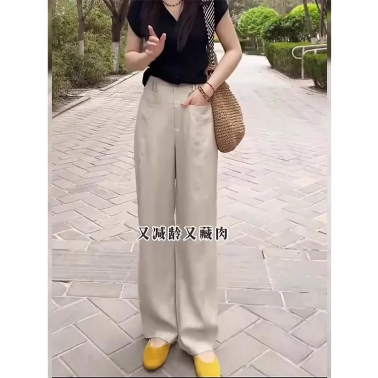 亚麻直筒休闲裤女秋季新款大码梨形身材高腰宽松阔腿裤子