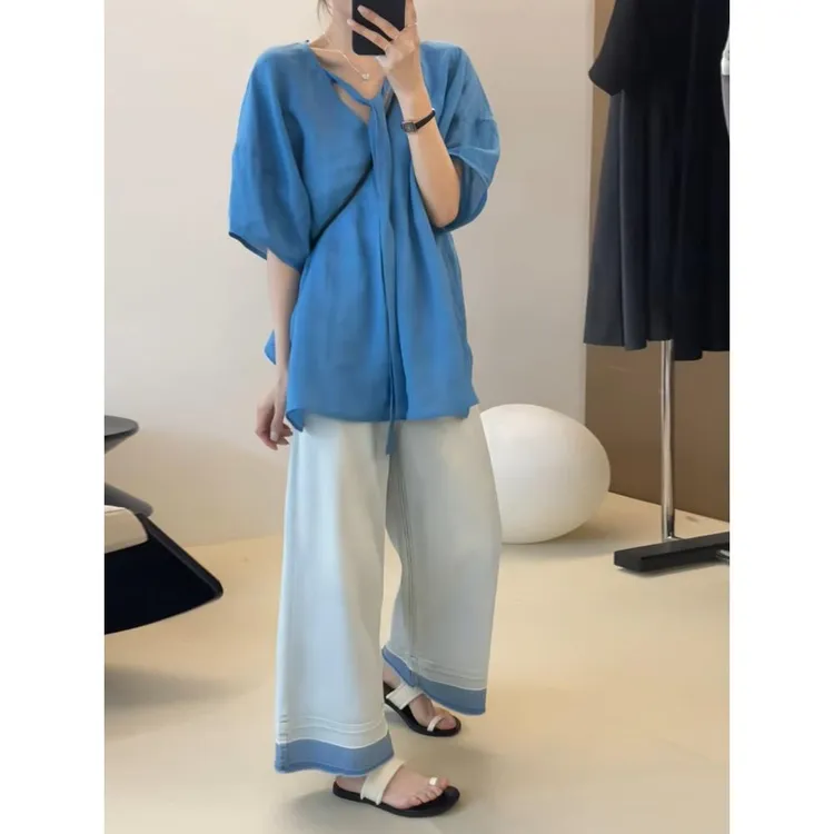 2-300斤大码做旧牛仔阔腿裤女薄款夏胖mm宽松显瘦休闲九分裤子ins