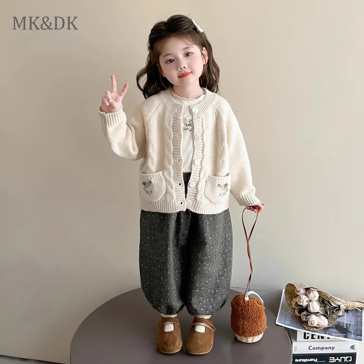 MK&DK女童秋装套装2025新款儿童韩版时尚毛衣开衫外套宝宝裤子潮