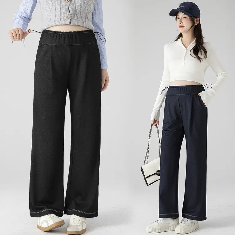 时髦孕妇裤子秋季外穿阔腿裤无托腹仿牛仔休闲直筒不勒肚子孕妇裤