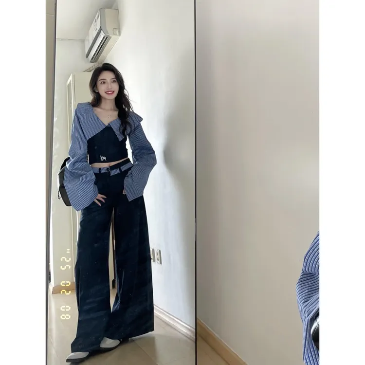 学院设计感一字露肩条纹拼接衬衫上衣女休闲阔腿裤时尚套装小个子