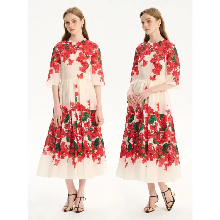 伊麦麦YIMAIMAI春夏新款经典版中袖桑蚕丝天竺印花奢侈品连衣裙