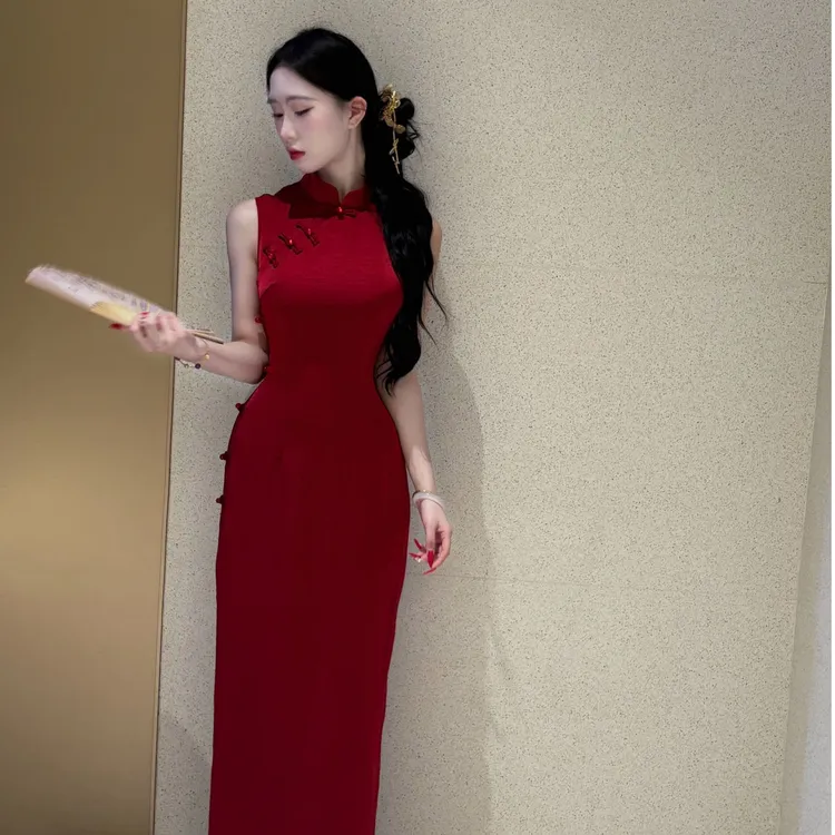 LHMknk1画报夫人原创自制夏季中式中国风旗袍订婚礼服女景甜玄红