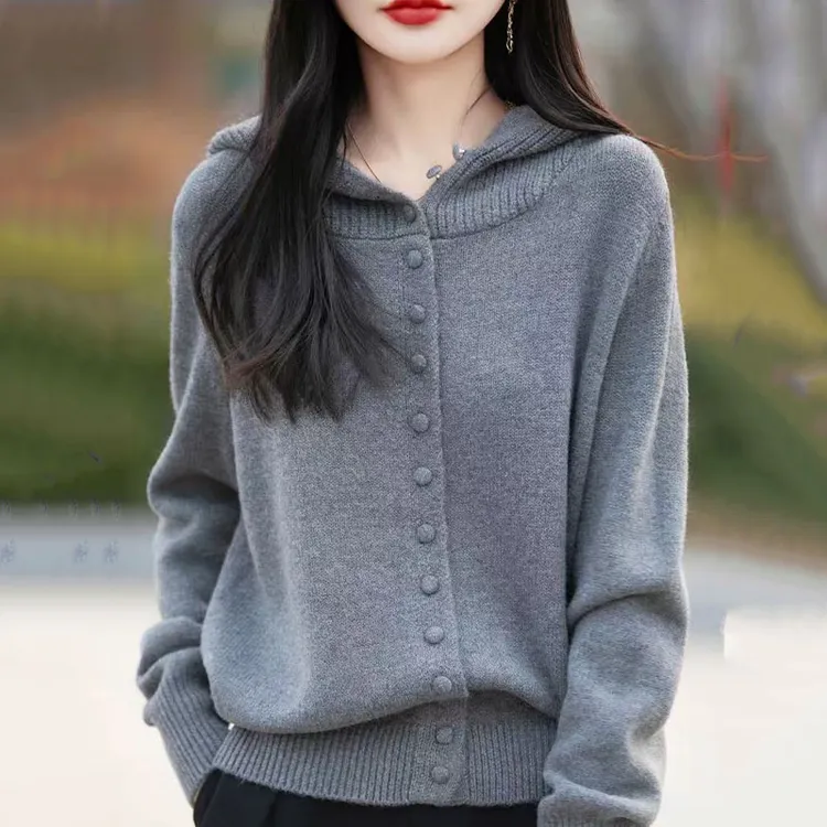 哥弟阿玛施官方新款多扣连帽针织开衫2025秋季时尚洋气长袖上衣女